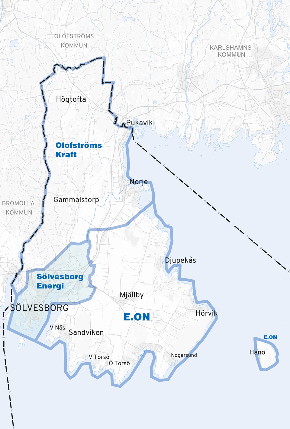 Kartbild över elnätsområden i Sölvesborgs kommun.