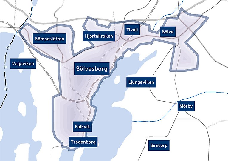Genom skuggade områden visas en översiktlig kartbild över fjärrvärmenätet i centrala Sölvesborg. Områden som ligger inom skuggningen är bland annat Kämpaslätten, Hjortakroken, Tivoli, Sölve, Falkvik, Tredenborg.