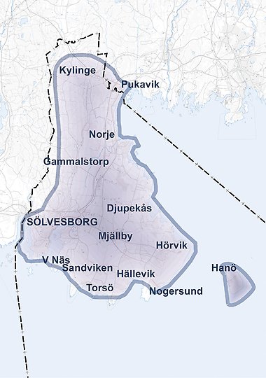 Genom skuggade områden visas en översiktlig kartbild över Sölvesborg Energis fibernät i Sölvesborgs kommun. I stort sett hela kommunen är skuggad, eftersom vi idag når nästan alla adresser.